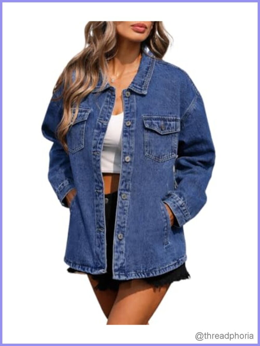 Womens Loose Fit Cotton Denim Shacket Jean Jacket Button Down Long Sleeve